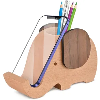 AhfuLife Holz Elefanten Stifthalter mit Handy Halter Schreibtisch Organizer, Schreibtisch dekoration Multifunktionaler Handyhalter, Geschenk für Valentinstag, Geburtstag, Muttertag, Weihnachtstag