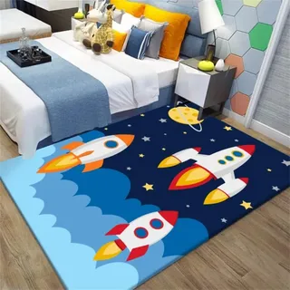 Judy1980 Kinderteppich Universe Planet Astronaut Wohnzimmerteppich rutschfest Blau Schwarz Teppich Jungen und Mädchen Spielteppich Teppich Waschbar (A, 120 x 160 cm)
