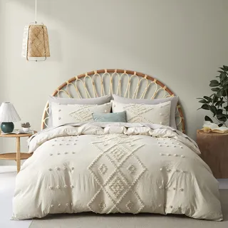 Oli Anderson Getuftetes Bettbezug-Set für King-Size-Betten, weiches und leichtes Bettbezug-Set für alle Jahreszeiten, 3-teiliges Boho-Stickerei, Shabby-Chic-Bettwäsche-Set (Beige, Kingsize, 271 x 228