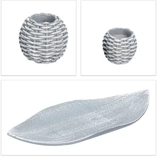 Relaxdays Kerzen Deko, Kerzenschale, Dekokies, Flechtoptik Kerzenhalter, stimmungsvolle Tischdeko, 38,5 cm lang, grau, 1 Stück