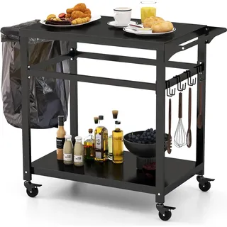 KOMFOTTEU Servierwagen Grillwagen Metall, Garten Rollwagen mit Arbeitstisch, 2 Ablagen & Haken, Grilltisch Grill Trolley Küchenwagen für Außenbereich - Schwarz