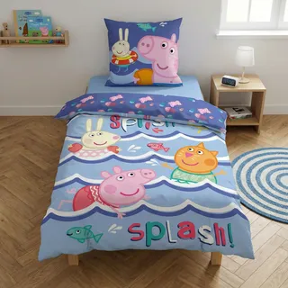 Peppa Pig Splish Splash Kinderbettwäsche 140x200 + Kissenbezug 65x65 Junge | Wendebettwäsche Einzelbett | Baumwoll-Mischgewebe schnelltrocknend Oeko-Tex | Nickelodeon | Kinder | Geschenk | Geschenkidee