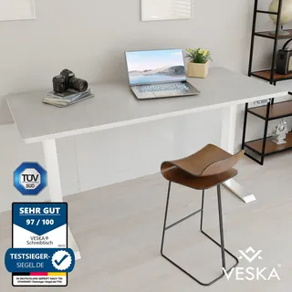 Höhenverstellbarer Schreibtisch (140 x 70 cm) - Sitz- & Stehpult - Bürotisch Elektrisch Höhenverstellbar mit Touchscreen & Stahlfüßen - Weiß/Stein-Grau - Weiß, Hellgrau