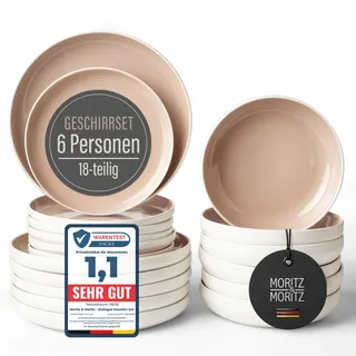 Moritz & Moritz Steingut Geschirr Set 6 Personen – 18-tlg. Teller Set mit Servierteller, Dessertteller & Suppenteller – Farbe Almond – Serie Cavo