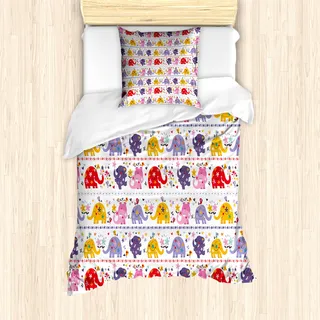 ABAKUHAUS Elefant Mantele, Tanzen Floral Elefanten, Milbensicher Allergiker geeignet mit Kissenbezügen, 135 cm x 200 cm - 80 x 80 cm, Mehrfarbig