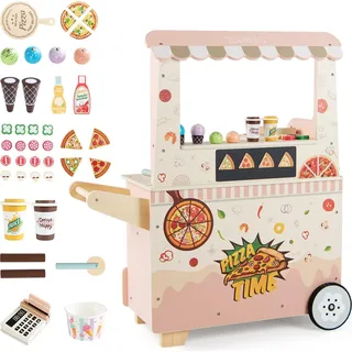 COSTWAY Eiswagen Kinder Holz, Pizzawagen mit 41 Zubehör, Pizza Set, Eiscreme, Ofen, magnetische Tafel&Kassenautomat, Kaufladen für Kinder 3+