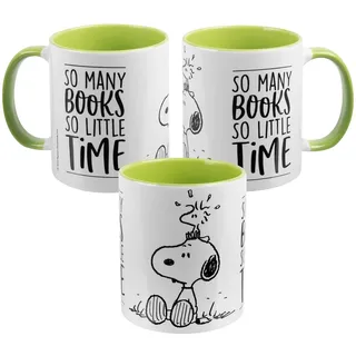 The Peanuts Tasse Snoopy - So many books - So little time Kaffeetasse Becher Kaffeebecher aus Keramik Grün Weiß 320 ml