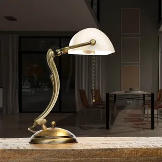 Licht-Erlebnisse Bankerlampe Messing Glas Antik Bronze E27 Zugschalter