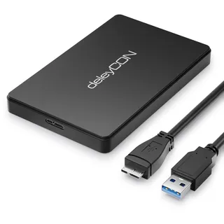 deleyCON SSD Festplattengehäuse USB A (5Gbps USB 3.1) für 2,5“ Zoll SATA 3 SSD / HDD / 7 mm bis 9,5 mm SATA III Festplatten Externes Gehäuse UASP [Schwarz]