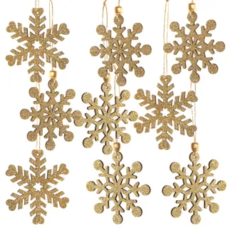 Logbuch-Verlag 9 Goldfarbene Schneeflocken Sterne Holzanhänger Weihnachten Weihnachtsbaum Deko zum Aufhängen Ø 7,5 cm