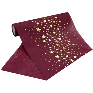100%Mosel Vlies Tischläufer, in Bordeaux Rot, Sterne in Gold (20 cm x 5 m), dekoratives Tischband, edle Tischdeko für Weihnachten und Advent