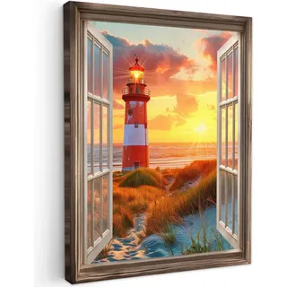 MuchoWow Leinwandbild Aussicht - Fenster - Leuchtturm - Sonnenuntergang - Strand 30x40 cm , Dunkelorange , Textil , Rechteckig , 30x40 cm , FSC 100% , gerahmt , Bilder & Rahmen, Bilder, Leinwandbilder