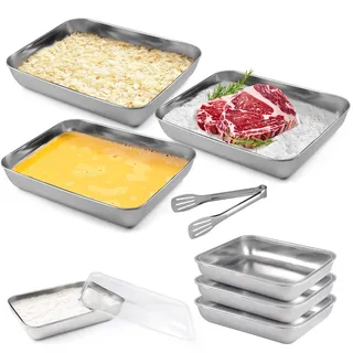 Panierschalen Set 3-Teilig, 25x20x5cm Edelstahl Schale Rechteckig,PanierstraßE Set,Panierstrasse mit Deckel,mit Panierzange, Stapelbar, Metall Gastro Behälter für Schnitzel, Fleisch, Fisch und Gemüse