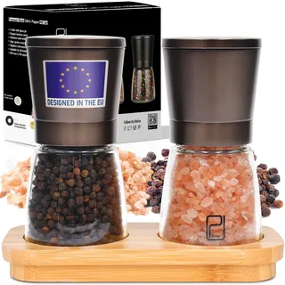 Premium-Salz- und Pfeffermühlen-Set mit Bambushalter – 142 g, Edelstahl in Schwarzbronze – Nachfüllbare Handmühle mit einstellbarer Grobheit – von PJC-Kitchen