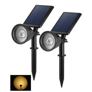 BLOOMWIN 2 Stk. Solar Gartenstrahler Warmweiß Projektorlampe, Solarstrahler mit Erdspieß für Außen Garten Wasserdichte IP65 Gartenbeleuchtung Dimmbare Pflanzenstrahler Gartendeko Rasen Balkon Hof