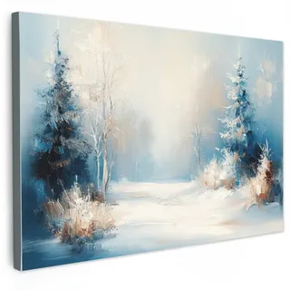 MuchoWow Leinwandbild Wald - Winter - Natur - Abstrakt - Schnee Wanddeko 90x60 cm , Weiß , Textil , Kiefer , Rechteckig , 90x60 cm , FSC 100% , gerahmt , Bilder & Rahmen, Bilder, Leinwandbilder