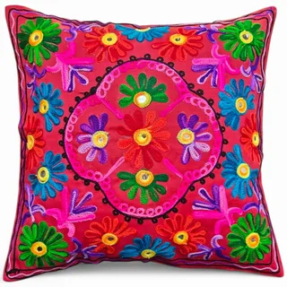 Kissenbezüge, dekorativ, bestickt, Mandala-Blumenmuster, Ethno-Boho-Kissenbezug, leuchtend bunter Bohemian-Bezug für Sofa, Couch, handgefertigter Schlafzimmer, Wohnzimmer, 40 x 40 cm (16 x 16 Zoll)