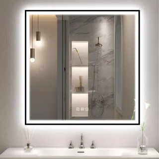S'bagno Bluetooth-Badspiegel-mit-Beleuchtung 80x80 cm, LED Badezimmerspiegel mit Beschlagfrei/Gehärtetes Glas/ 3 Lichtfarben/Dimmbar, IP44 Badezimmer Spiegel mit Schwarzem Eisenrahmen