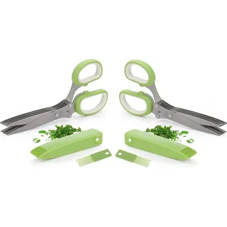 2er Set Mehrzweckschere inkl. Reinigungsbürste + Schutzhülle, 5 Klingen Kräuterschere aus Edelstahl, Universal Küchenschere mit 5 Edelstahlklinge, Kräuterschneider, Gemüseschere Schnittlauchschere