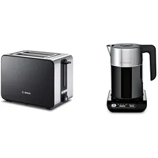Bosch TAT7203 Kompakt-Toaster, Auftau/Aufknusperfunktion, 1050 W, Edelstahl/schwarz & belloser Wasserkocher, Abschaltautomatik, Überhitzungsschutz, Temperaturwahl, 1,5 L, 2400 W, schwarz