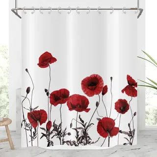 Hnmdmyi Duschvorhang Blumen 120x200, Rote Mohnblume Vintage Natur Botanische Blumenstrauß Pflanze Moderne Badewanne Vorhang Wasserdicht Polyester Stoff Waschbar Badevorhang für Badezimmer mit Haken