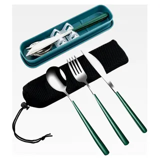 3-teiliges tragbares Reisebesteck Set mit Etui aus 18/8 Edelstahl, wiederverwendbar, mit Gabel, Löffel und Messer für Mittagessen, Reisen, Camping, Schule, Arbeit und Picknick (Tiefgrün)