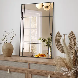 Muzilife Wandspiegel Schwarzer Fensterspiegel mit Metallrahmen, 90x60 cm Rechteckiger Dekospiegel für Schlafzimmer, Esszimmer, Flur, Bad, Hängend oder an die Wand gelehnt