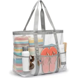 Mesh Strandtasche Große Strandtaschen Netz Beach Bag Faltbar mit Reißverschluss Tasche Strand Tasche Mesh-Einkaufstasche für Sommer Strandurlaub Reisen Einkaufen Schwimmen Picknick Alltag (Grau)