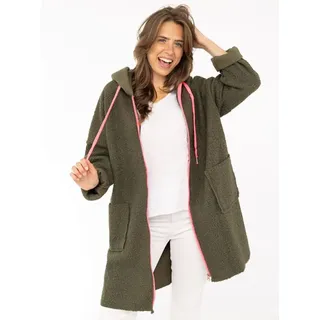 Zwillingsherz Kurzmantel "Neon", aus Teddystoff mit Kapuze, Reißverschluss und Taschen, khaki