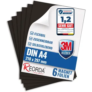 Reorda® Magnetfolie DIN A4 selbstklebend 6er Set - Magnetpapier mit starkem 3M-Kleber - Magnetplatte zuschneidbar für Kühlschrank, Tafeln & Poster - Magnetische Folie selbstklebend für's Basteln