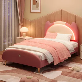 Flieks Polsterbett Kinderbett Jugendbett 90x200cm mit LED, Einzelbett Holzbett mit Lattenrost, Klassisches Bett mit Kopfteil, PU, Rosa - Rosa