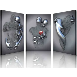 Gerahmte Wandkunst für Schlafzimmer, 3D-Metall-Effekt, Liebesherz, Paar, Wandkunst, Dekor für Wohnzimmer, 3 Stück, modern, abstrakt, grau, schwarz und weiß, Leinwanddrucke, Poster, Bilder, Gemälde für