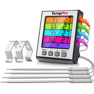 TempPro Fleischthermometer Grillthermometer mit 4 Fühlern Bratenthermometer | mit Farb-LCD, Alarm, USDA Voreinstellungen, Magnet & Ständer, für Backofen, Grill, Smoker, inkl. Batterie ( Ex-ThermoPro )