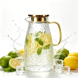 2 Liter Glaskaraffe mit Deckel, Glaswasserkrug aus Borosilikatglas | Wasserkrug mit Goldenem Edelstahldeckel und Griff, Heiß und Kaltgetränkekrug für Saft, Milch, Kaffee und Tee