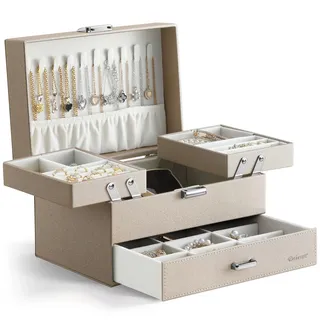 Dajasan Schmuckkästchen, Schmuckaufbewahrung, 3 Ebenen PU-Leder Schmuckschatulle mit 1 Schubladen, Groß Schmuckbox für Schminktisch, Modern, Geschenk für Frauen & Mädchen (Champagnerfarben)