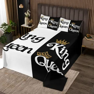 Cartoon Crown Queen King Tagesdecke M Größe,Paar Liebhaber Bettwäsche Set,Teens Frau Männer Zimmer Dekor,Schwarz Weiß Tröster Set Valentinstag Hochzeit Thema Quilt Coverlet,2 Kissenbezug