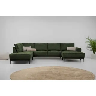 OTTO home Wohnlandschaft »XXL Sofa Oland, Struktur, Flachgewebe, Luxus-Microfaser, Boucle« U-Form, 345 cm, Wellenunterfederung, Skandi-Design, Metallfüße, grün