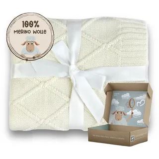 MIRARI Kids Babydecke mit Raute, gestrickte Wolldecke aus 100 Merinowolle, Strickdecke, 75 x 100 cm, kuschelige Decke, Erstausstattung, warme Decke, Ecru