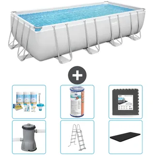 Bestway Rechteckiges Power Steel-Schwimmbecken – 488 x 244 x 122 – Grau, inklusive Pumpe – Leiter – Abdeckung Wartungspaket - Filter - Bodenfliesen