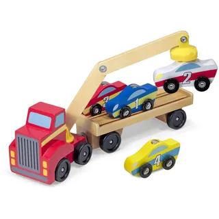 Melissa & Doug - Spielzeug Autotransporter aus Holz mit magnetischem Kran und Autos, 6-teilig, Für Kinder ab 3 Jahren