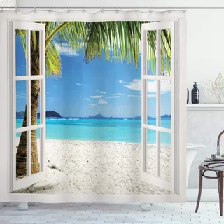 Ambesonne Ocean Decor Collection Duschvorhang-Set mit Haken, Tropische Palmen auf Einer Insel, Strand durch weiße Holzfenster, Polyester, Blau, Grün, Weiß, Mehrfarbig, 175,3 cm B x 70 L