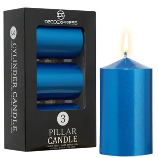 DECO EXPRESS Metallic Stumpenkerzen Set, 3er-Pack, Kerzen Lange Brenndauer, 30 Stunden, Geruchslos (Metallic Blau - 3er-Pack)
