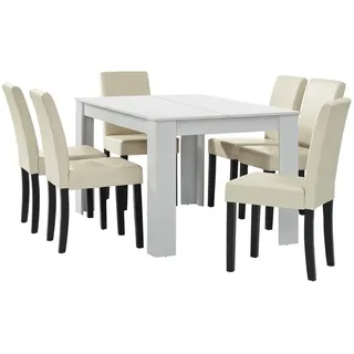 [en.casa] Esstisch weiß matt mit 6 Stühlen creme Kunstleder gepolstert 140x90 Essgruppe Esszimmer, - Weiß