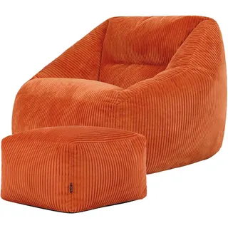 I.C.O.N. Icon Natalia Sitzsack Sessel mit Hocker für Erwachsene, Orange, Flauschiger Cord Stoff, Riesen Sitzsack Cord mit Füllung, Bean Bag Chair, Bequemer Sessel Wohnzimmer, Lounge, Schlafzimmer, Büro