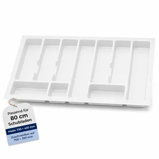 ALUSFERA Besteckkasten für Schubladen 80 cm – Schubladen Organizer mit Fächeraufteilung – Hochwertiger Schubladen Organizer Küche für Mehr Ordnung – Anpassbar und leicht zu reinigen -730x430mm Weiß