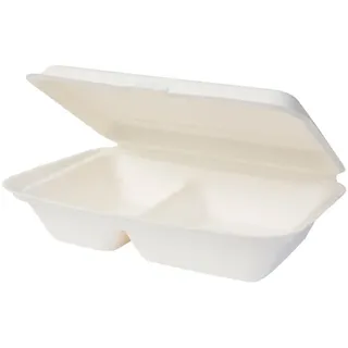 Greenbox Bio Einweg Bagasse Schalen Zuckerrohr biologisch abbaubar Lunch-Box geteilt 2 Kammern Klappdeckel-Box Schale Kompostierbar 650 ml 50 Menüschalen rechteckig 25 x 16,5 cm weiß DFC013461