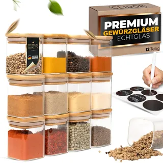 CLIDOR Gewürzgläser Eckig - 12 x 160ml Set, Erhöhte Glasstärke, Stapelbare Gewürzdosen mit Bambusdeckel, luftdichte Gewürzbehälter für die Küche, Spice Jars, übersichtliche Gewürzaufbewahrung