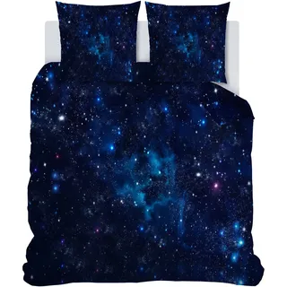 Linfye Bettwäsche 140 x 200 cm Blauer Sternenhimmel Bettbezug mit Reißverschluss Schließung, Bettbezug Set 3 Teilig, Weiche Angenehme Mikrofaser Bettwäsche-Set + 2 Kissenbezug 65x65cm