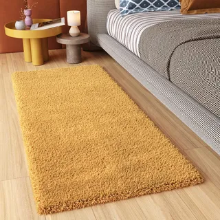 TAPISO Essence Teppich Läufer Flur Brücke Shaggy Hochflor Langflor Senfgelb Gelb Einfarbig Weich Modern Design Korridor Schlafzimmer ÖKOTEX 70 x 300 cm