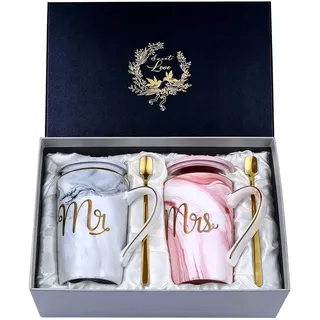 Hochzeitsgeschenke für Brautpaar, Mr und Mrs Geschenk für Braut und Bräutigam, Jubiläumsgeschenk, Geschenk Weihnachten, Kaffeetassen Tassen Set Keramik Marmor 14 Oz für Hochzeit, Verlobungen